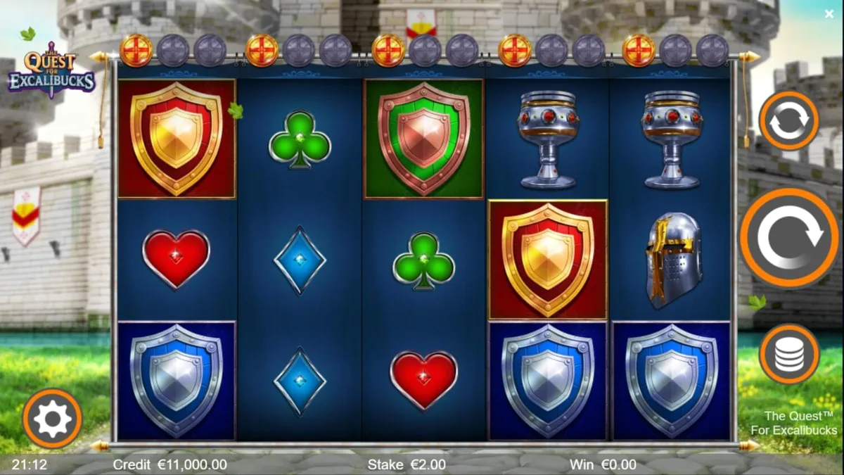 Interface mobile do slot The Quest for Excalibucks mostrando os rolos e o sistema de moedas